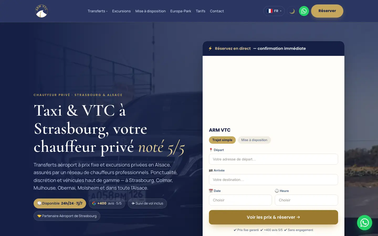 Page d'accueil du site ARM VTC sur ordinateur