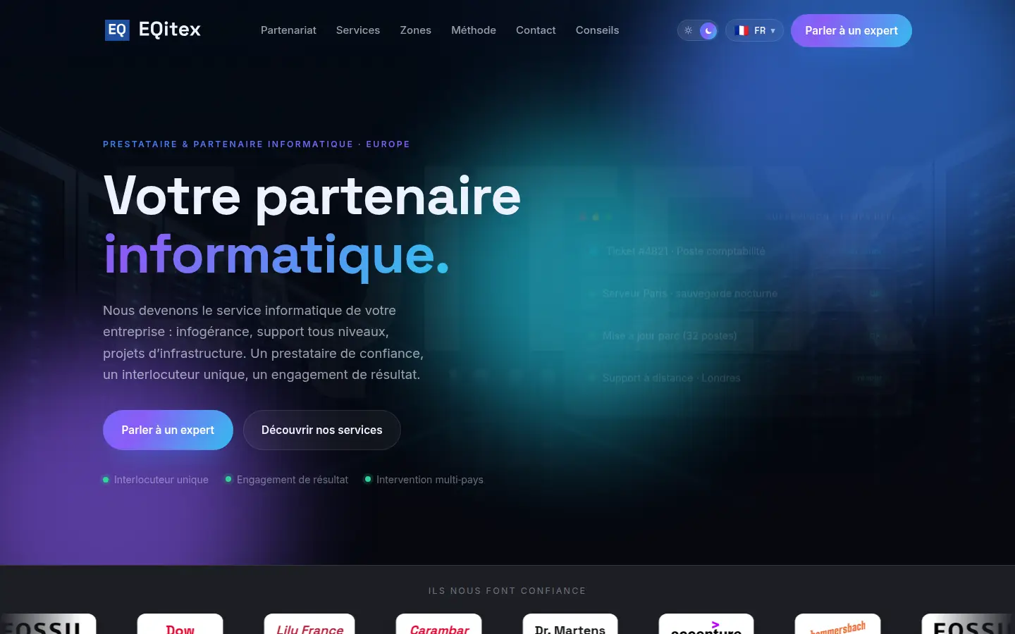 Page d'accueil du site EQitex sur ordinateur